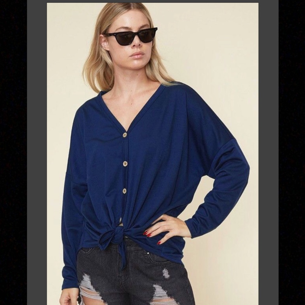 So flattering! Navy button down, tie front top